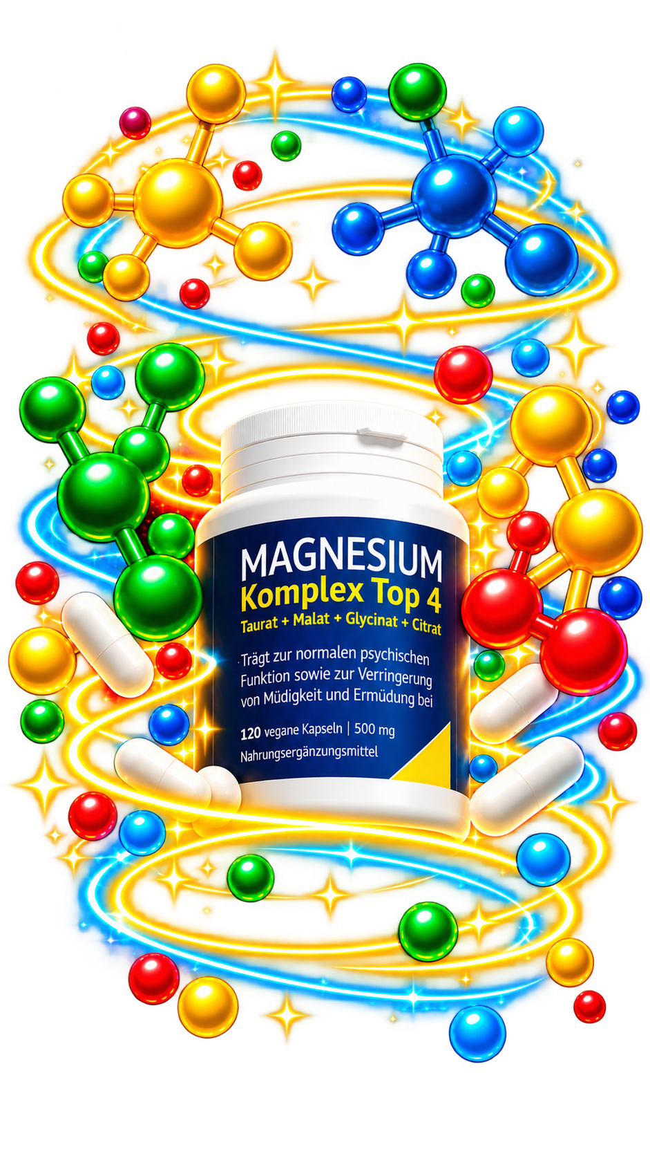 Magnesium Complex Top 4 bottle with 120 vegan capsules, surrounded by magnesium molecules